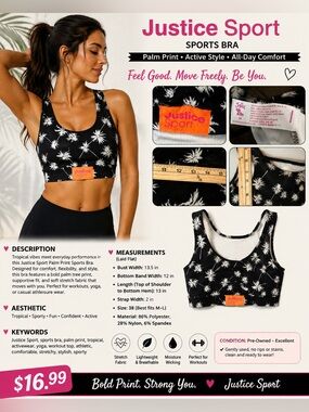 Justice Orange Patch Black Palm Print Sports Bra